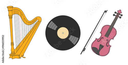 Cartoon musical instruments vector set, harp, vinyl record, and violin illustrations for music education, entertainment, audio design, and creative digital projects.