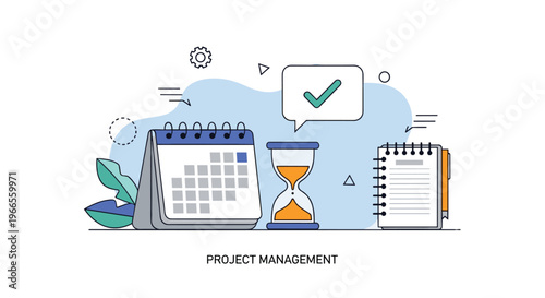 Project management and time tracking concept with calendar hourglass notebook and successful completion checkmark icon.