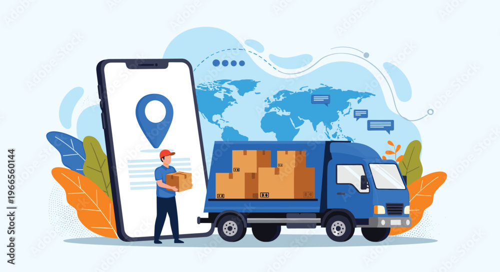 Naklejka premium Global logistics and package delivery service showing delivery truck and courier with smartphone app tracking.