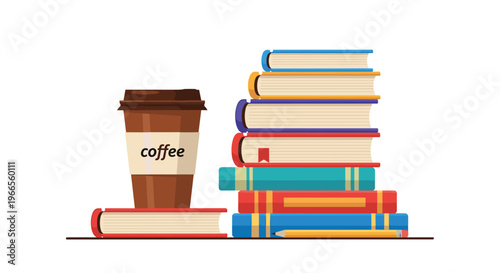 Education and study materials featuring a tall stack of colorful books with a pencil and take-away coffee cup.