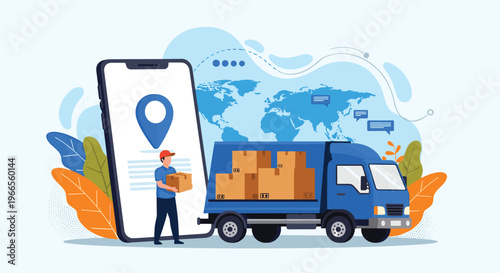 Global logistics and package delivery service showing delivery truck and courier with smartphone app tracking.