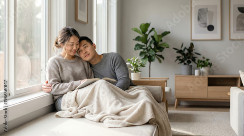 A relaxing and cozy afternoon scene of an Asian couple in their late 20s reading books together on a wide, comfortable window seat built into a modern living room.
