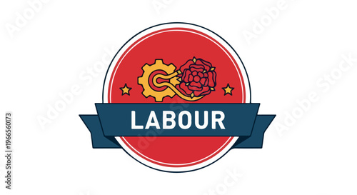 Close-up of a Labour party logo with a red circle, yellow gear, and hammer and sickle on a white background.