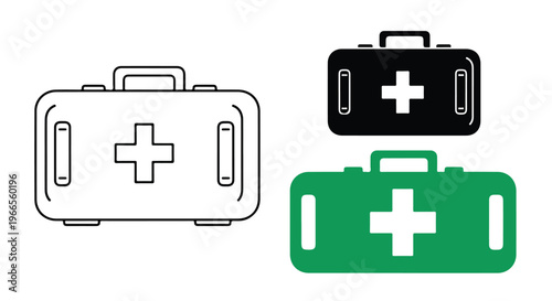 Collection of first aid kit icons in outline, black, and green designs with white cross symbols for medical emergency