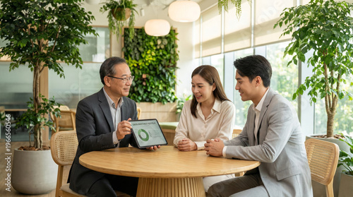 Senior Asian Financial Advisor Consulting Young Couple in Biophilic Office with Bamboo Table