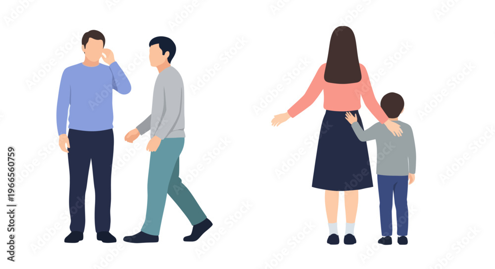 Fototapeta premium A family of four people walking together outdoors in a casual setting
