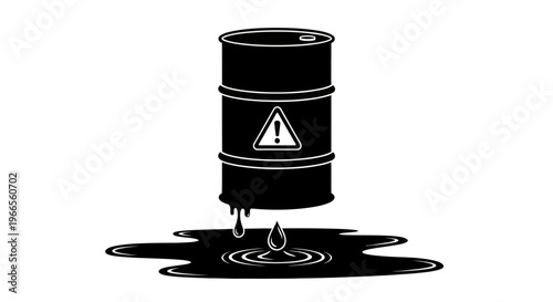 A leaking black oil barrel spills liquid on the ground outdoors.