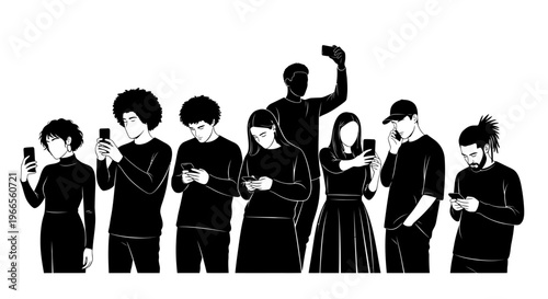 Illustration of people standing in line looking at their phones with one person standing out