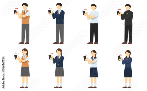 フラットイラスト：スマートフォンを操作する学生セット