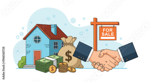 Real estate transaction and property sale concept with house money bag cash and successful handshake agreement.