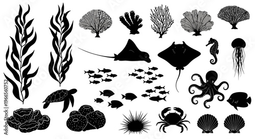 Underwater scene with seaweed, coral, stingray, fish, and various marine animals in ocean environment.