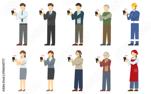 フラットイラスト：スマートフォンを操作する人セット