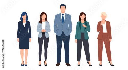 Five business professionals standing together in a line outdoors during daytime