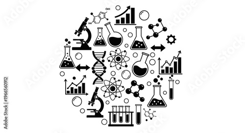 Science illustration features various lab equipment and symbols in a circular arrangement.