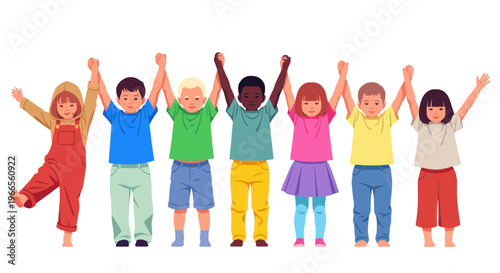 Children of different ethnicities and abilities celebrate together with raised hands in a joyful event outdoors