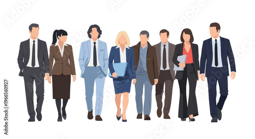 A diverse group of business professionals walking together in formal attire
