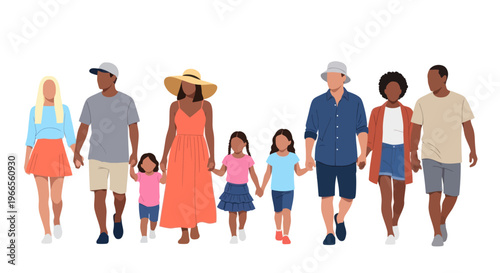 A diverse group of people walking together outdoors in casual clothes