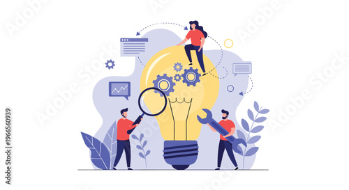 Innovative problem solving and technical development concept with people working on giant lightbulb using various tools.