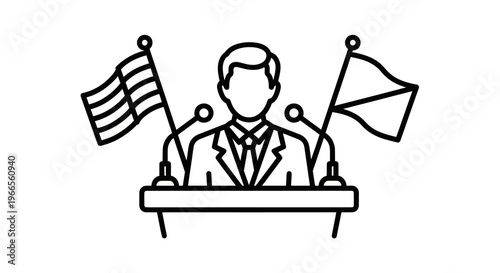 A man speaks at a podium with two flags behind him in a formal setting.