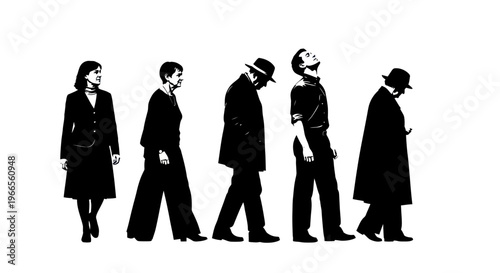People walking in a line dressed formally in black silhouettes