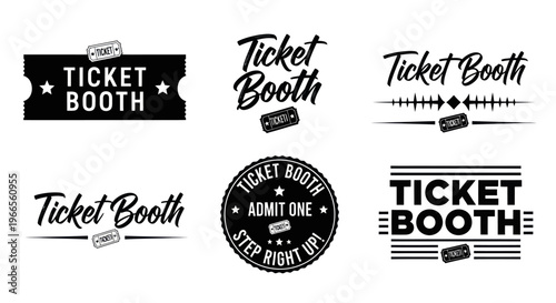 A collection of six black and white ticket booth illustrations on a white background with various designs and fonts.