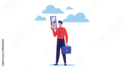 Personal growth and self reflection concept showing man holding a mirror while looking at his own reflection in the clouds.