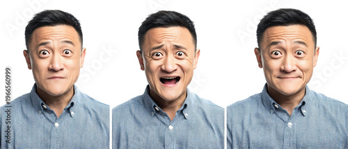 Middle aged man showing surprised and funny facial expressions isolated on transparent background