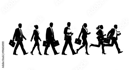A group of businesspeople walk quickly in a line carrying briefcases.