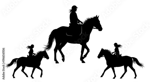 Three horse riders trot side by side in a straight line formation