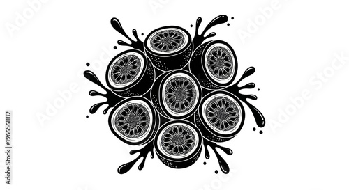 A black and white illustration of seven sliced fruits arranged in a circle with splashes.