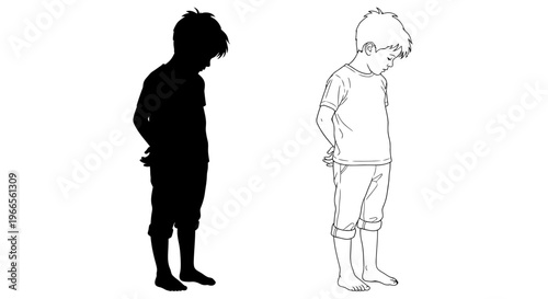 Two boys standing side by side in contrasting black and white illustration styles facing downward.