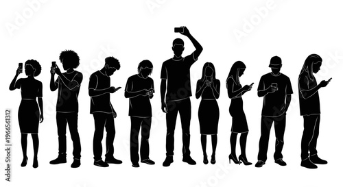 A group of people stand in a line looking at their devices with one man waving.
