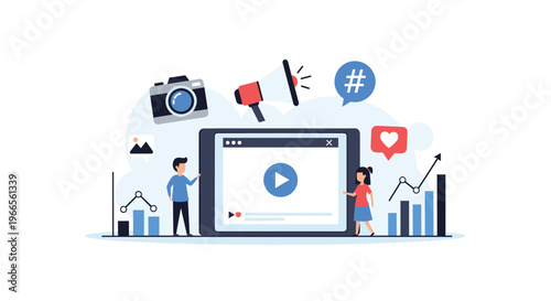 Video marketing and social media engagement strategy with people interacting with multimedia content on digital tablet.