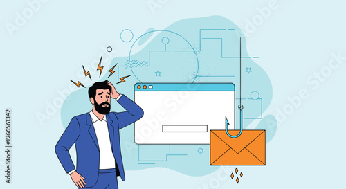 Cybercrime and phishing attack warning with distressed man and malicious hook targeting sensitive digital information.