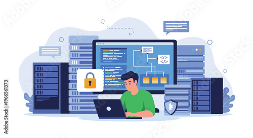 Backend development and database security concept with programmer working among server racks and security icons.