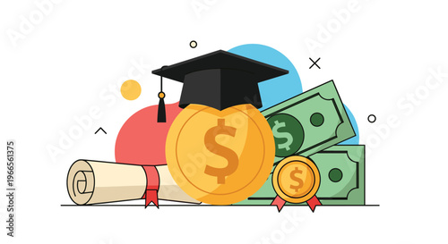 Financial investment in higher education concept with graduation cap on top of a gold dollar coin and money stacks for savings.