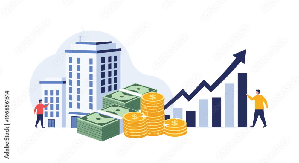 Fototapeta premium Commercial real estate investment and property development concept with office buildings, cash stacks, and financial growth graphs.