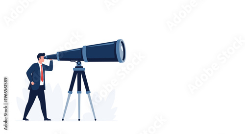 Visionary leadership and business forecasting concept featuring a businessman looking through a large telescope into the distance.