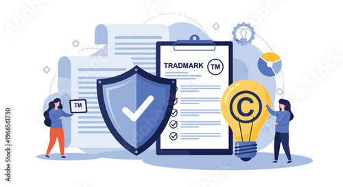 Intellectual property protection and legal copyright concept with trademark symbols, legal documents, and a protective shield.