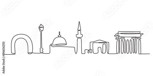 A continuous line drawing depicting a minimalistic skyline of famous ancient world architecture