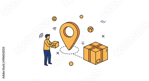 E-commerce logistics and global shipping delivery concept with a professional delivery man, package boxes, and a location pin.