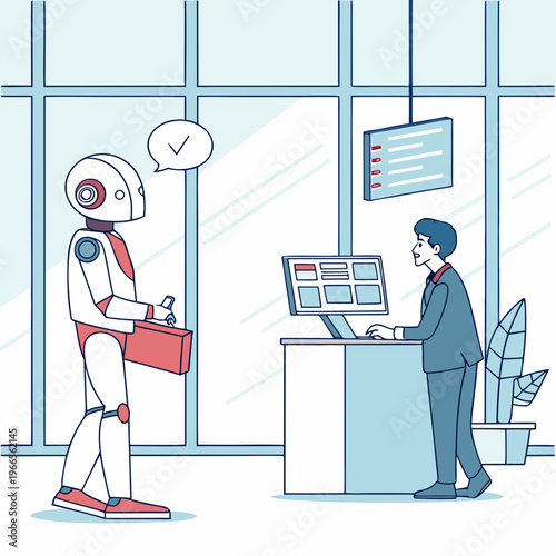 A robot delivering a package to a man at a desk