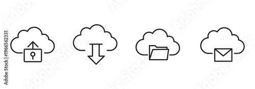 Modern cloud computing line icons set with upload, download, sync, refresh, check, error, search, security and warning symbols etc.  Cloud service and network related line icon.