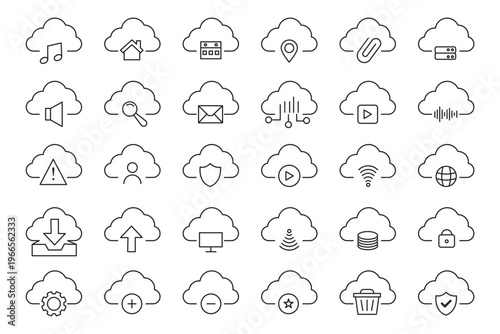 Modern cloud computing line icons set with upload, download, sync, refresh, check, error, search, security and warning symbols etc.  Cloud service and network related line icon.