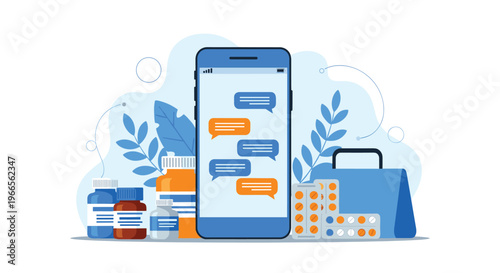 Online pharmacy and telemedicine healthcare concept featuring a smartphone with chat bubbles and various medical supplies.