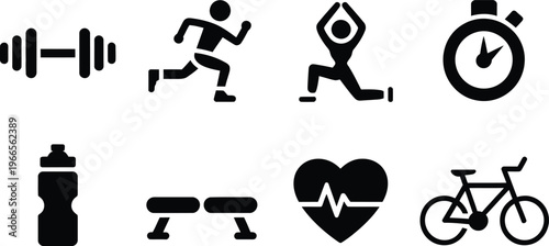 Black icons depict fitness activities equipment and symbols of healthy living high-quality professional detailed modern