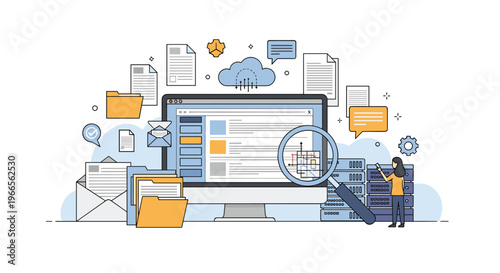 Professional data center management and information auditing concept with a woman inspecting digital files and server racks.