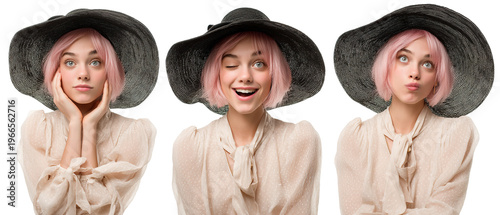 Young woman in wide hat showing playful and cheerful facial expressions isolated on transparent background