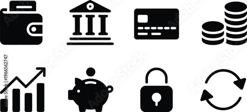 A collection of black and white icons representing finance banking and security high-quality professional detailed
