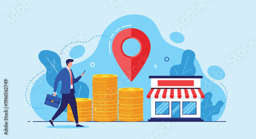 Local business investment and retail location strategy concept with a professional man, gold money stacks, and store building.